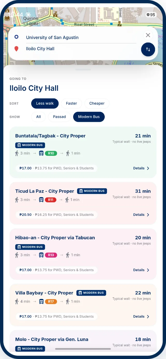 IlongGo! route options for a trip to Iloilo City Hall, each with a fare and a discounted fare for PWD, seniors and students
