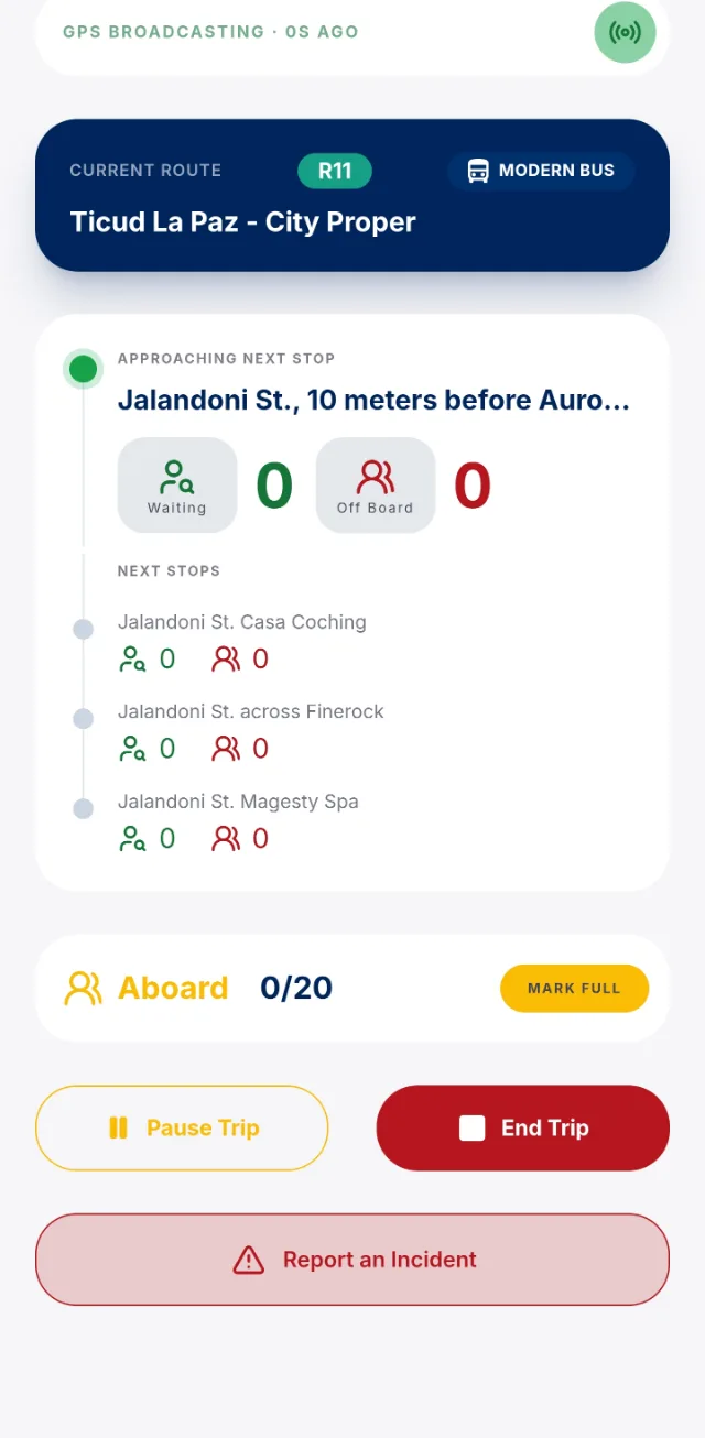 The driver's trip screen in IlongGo!: a blue card with the route code R11 and the Modern Bus vehicle, the riders waiting and getting off at the next three stops, and the seats aboard with a Mark Full button