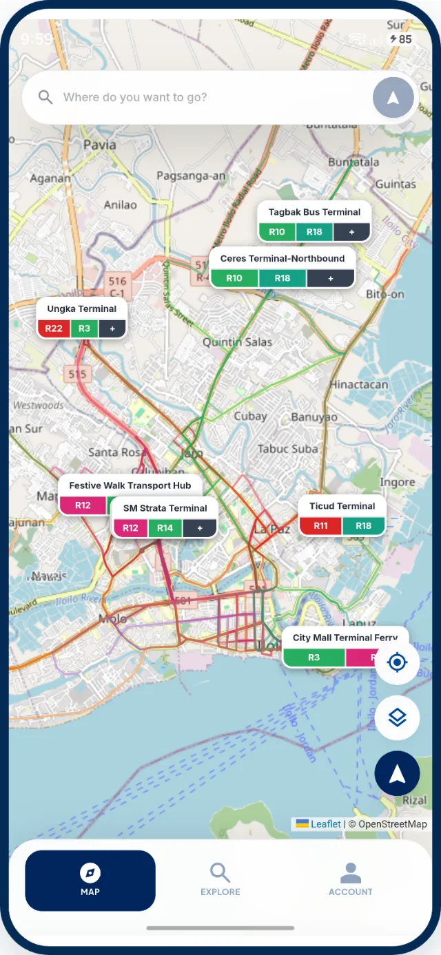 The IlongGo! map of Iloilo City with jeepney terminals, each showing its route numbers in the colour of the area it serves