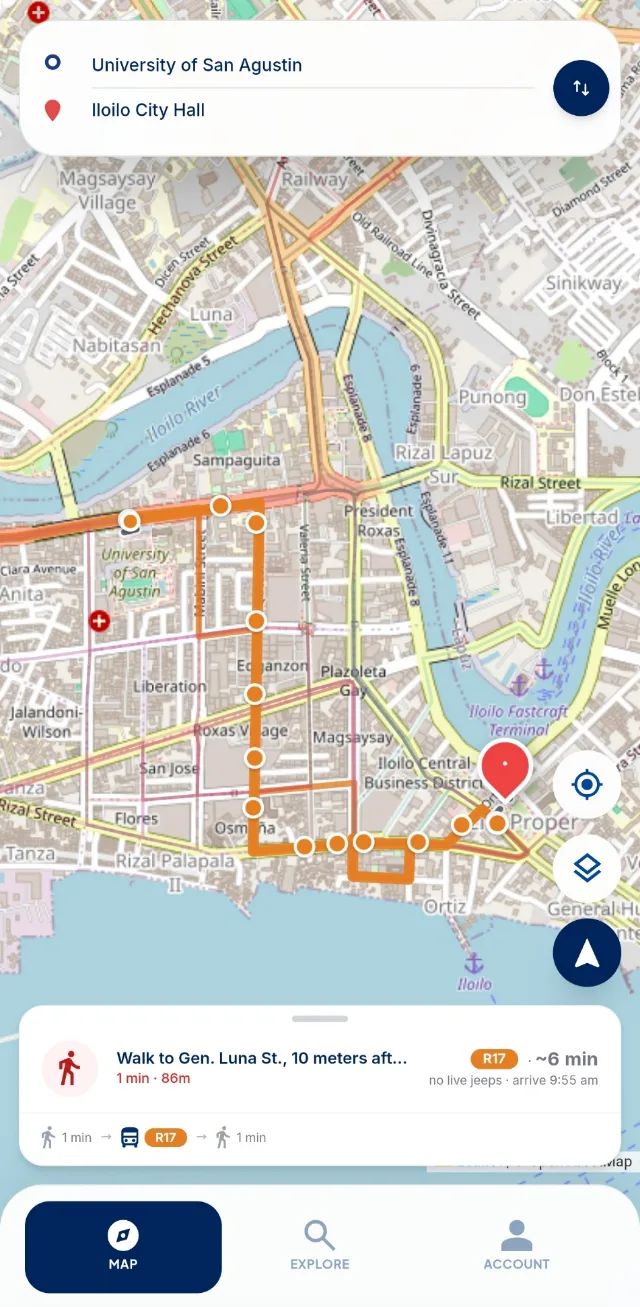 A commuter's journey in progress in IlongGo!, with the route to Iloilo City Hall drawn in orange and the next step to walk shown at the bottom